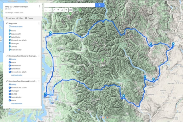 The route: out by the southern route (Highway 2) and back on the North Cascades Highway (20).