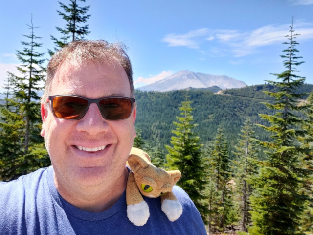 Me and Griffith the Traveling Mountain Lion with Mt. St. Helens