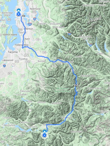 The route is pretty straightforward. Through Enumclaw, then up around Mt. Rainier to the east and back around to Randle. From there it's just a few minutes to Iron Creek.