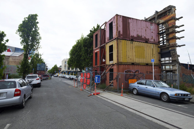 Ballasted containers support historic facades for future restoration