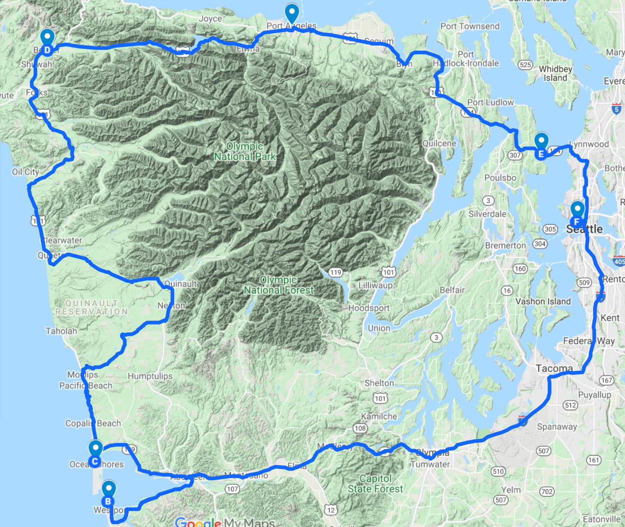My route: Seattle (A/F) to Ocean Shores (C) with a detour to Westport (B) on day one. Then up the coast, around the Olympics to the Kingston Ferry (E) and home on day 2..