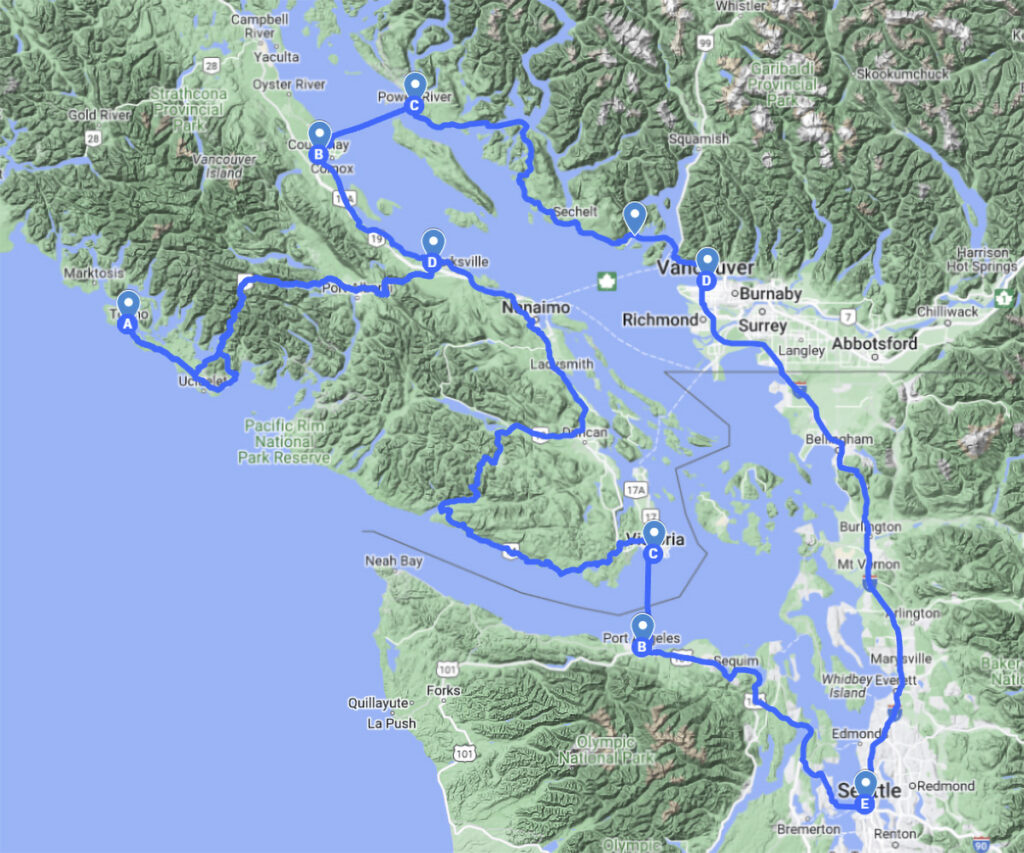 Map showing planned motorcycle route from Seattle, to Victoria, then around Vancouver Island to Tofino, and back by way of the Sunshine Coast and Vancouver.