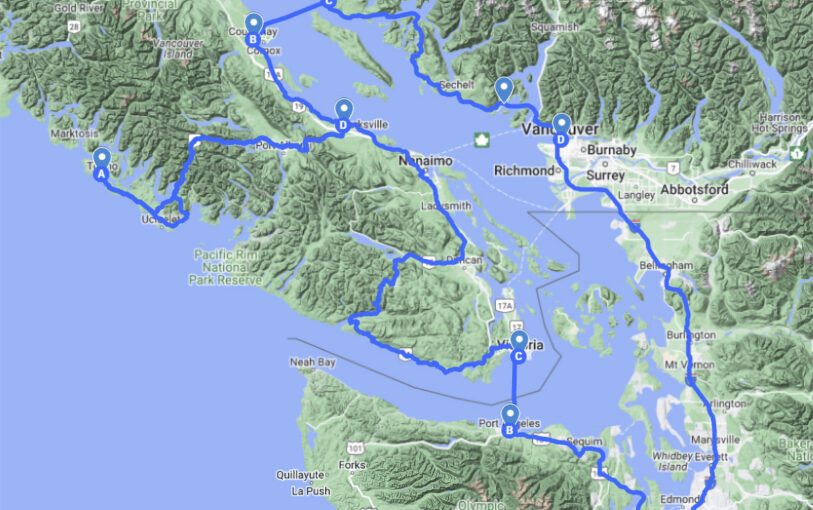Map showing planned motorcycle route from Seattle, to Victoria, then around Vancouver Island to Tofino, and back by way of the Sunshine Coast and Vancouver.