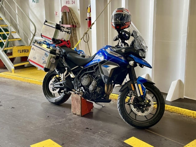 Motorcycle tied up and chocked in place on the MV Coho, for the Port Angeles to Victoria crossing