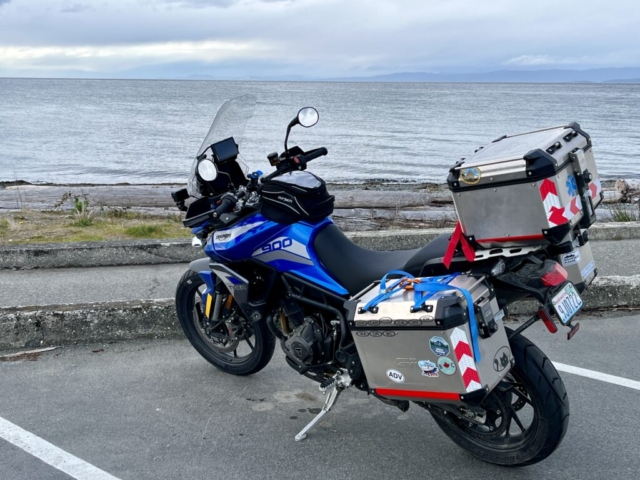 Motorcycle in Qualicum Beach, facing the Salish Sea, on Vancouver Island