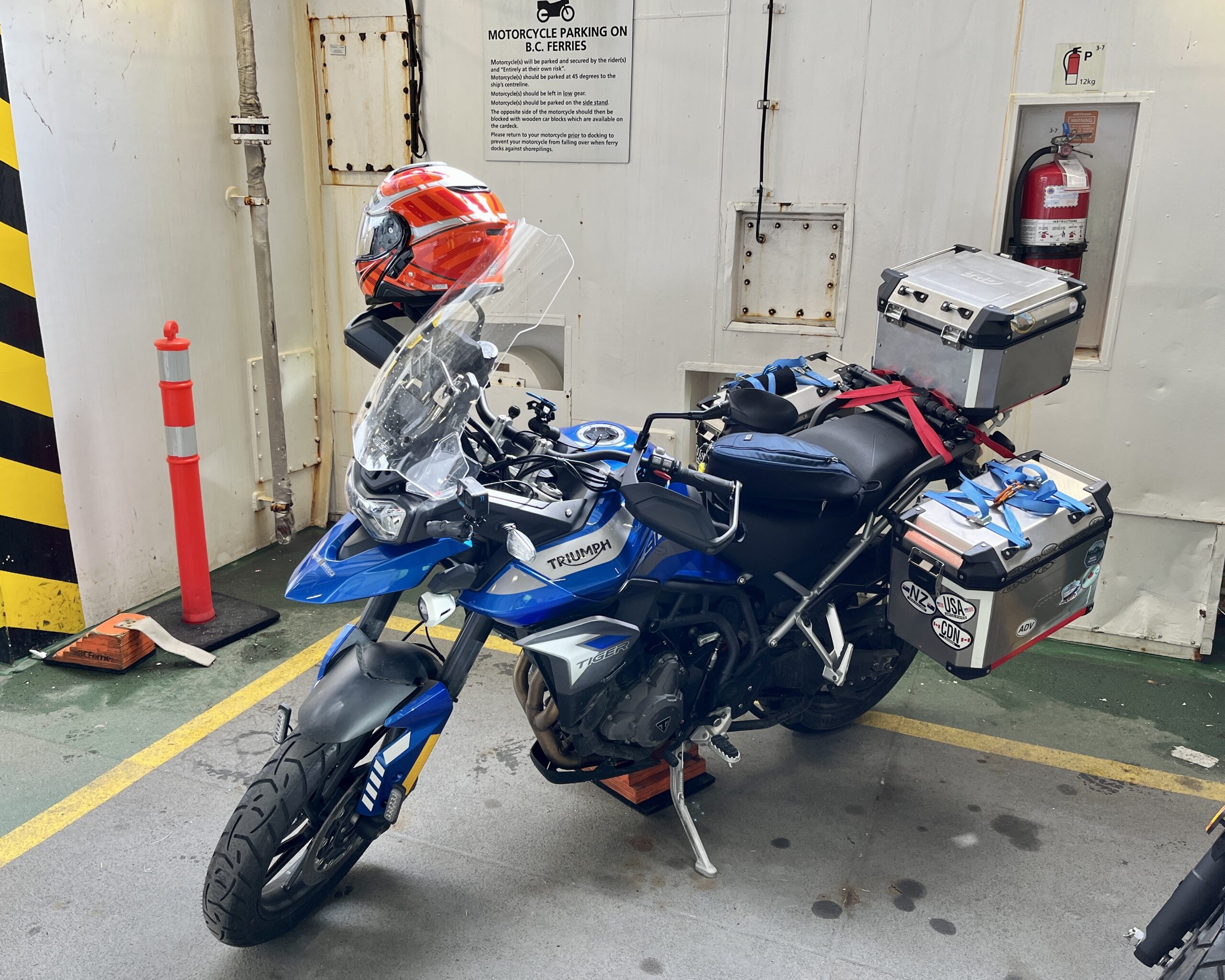 Motorcycle loaded on BC Ferries’ Salish Orca, from Comox to Powell River. Pretty simple loading with no need for tie downs or straps, just a chock on the high side.