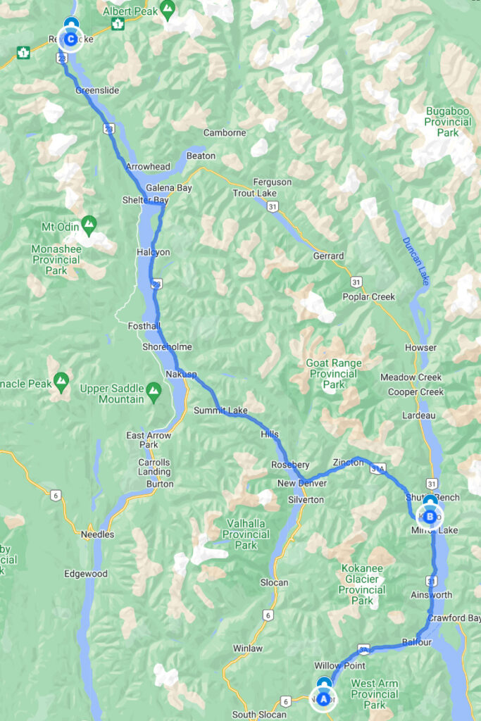 From Nelson north along Kootenay Lake to Kaslo then east across the Selkirks and north along the Arrow lakes to Revelstoke.