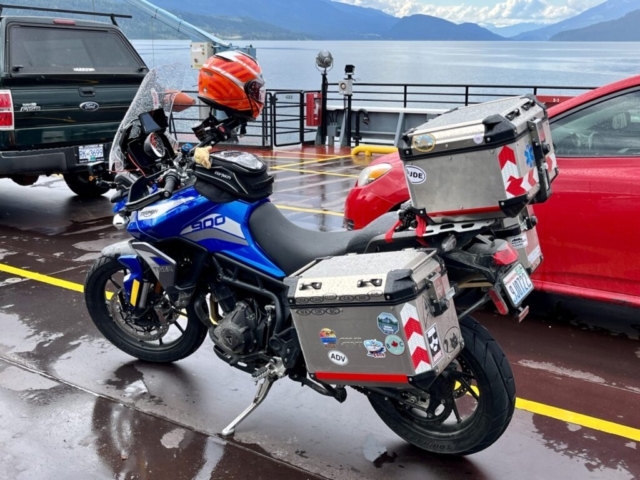 The Ferry across North Arrow Lake on the road to Revelstoke started wet, but dried completely by the time we got to the other side. Then a quick ride into town.