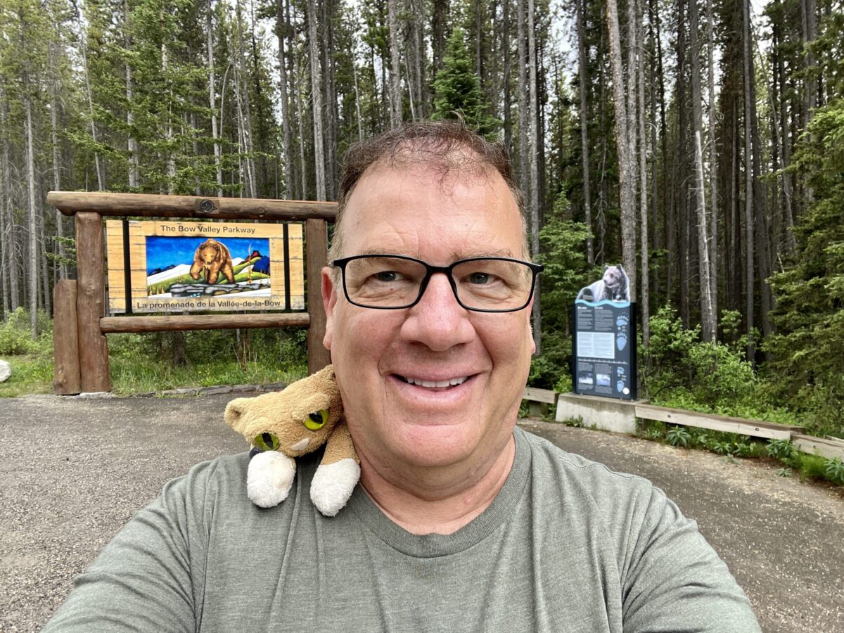 At the start of the Bow Valley Parkway with Griffith the Traveling Mountain Lion, who is getting a bit sick of his "natural environment."