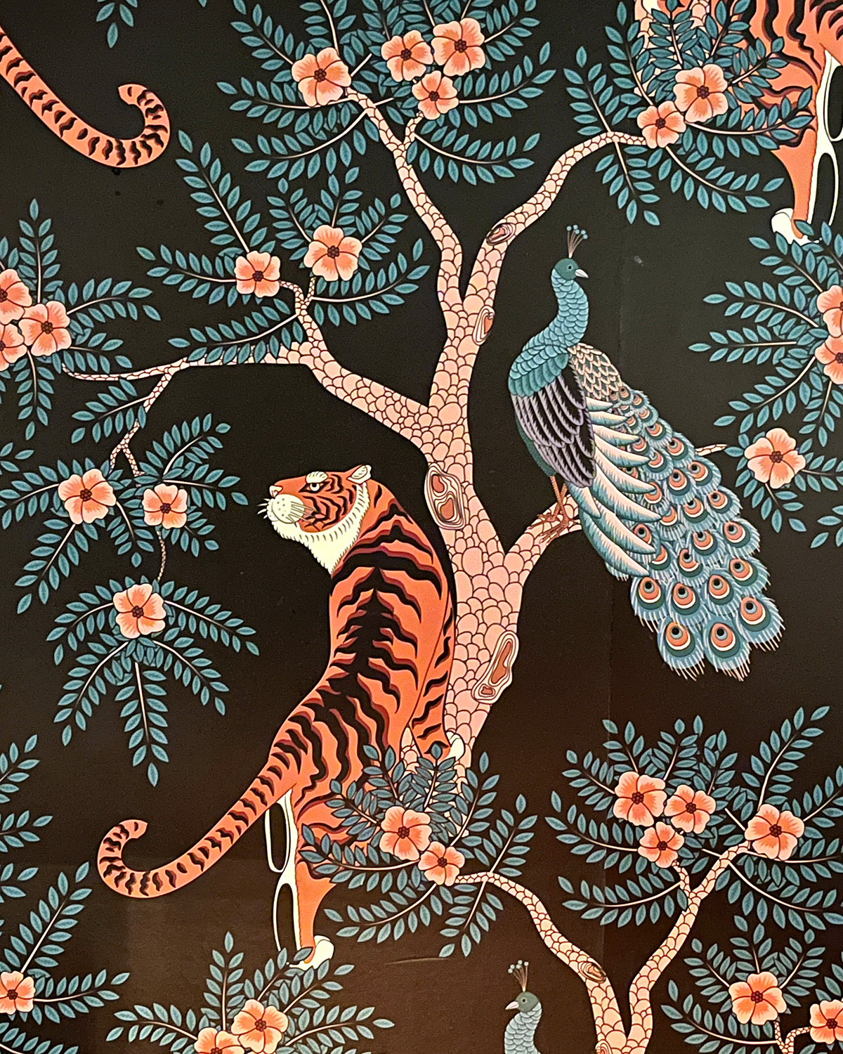 Easy Tiger wallpaper with tiger and peacock motif