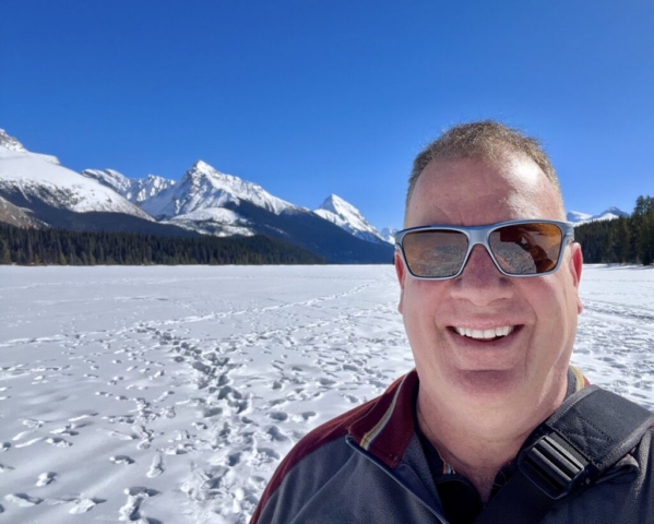 I'm standing on a lake! Going for a walk on frozen Maligne Lake.