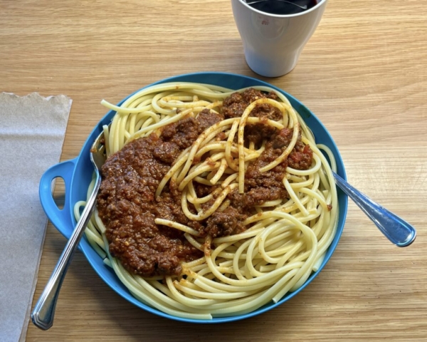 Tonight's dinner is Buccatini with home-made bolognese