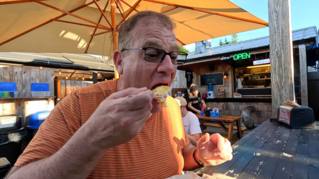 Fish and Chips at Big Daddy's Fish Fry in Tofino, I am opening my mouth and shoving food in