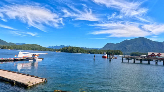 View from the Tofino public dock in the morning, boats and seaplane are docked on the water