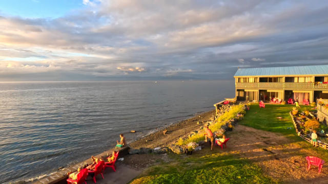 Sunset at the Sand Pebbles Inn, with some missing seawall