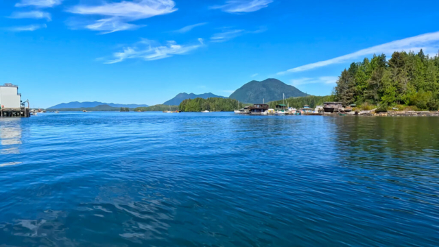 View from the dock next to Shelter Restaurant in Tofino, with water, some houses on an island in the distance and a few boats